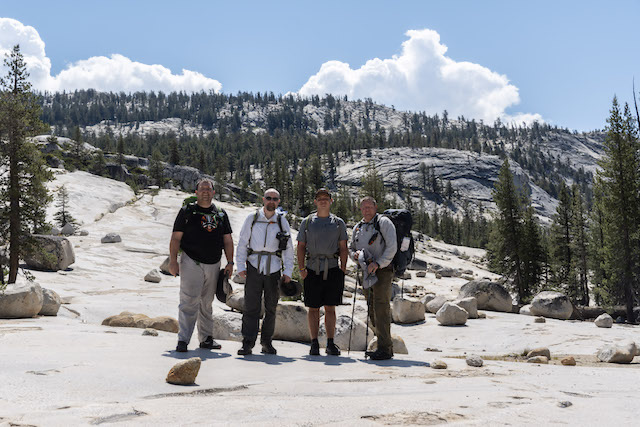 David, James, Andrew, and Kissner morning of the 3rd day of hiking. © 2021 David Rogers