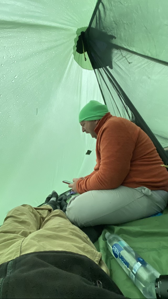 James and David jammed inside a one man tent