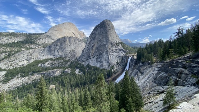 Half Dome in background. Liberty Cap in the middle and Nevada Falls on the right